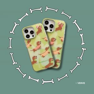 Verve - เคสโทรศัพท์กันกระแทก ลายน้องหมา Dachshund น่ารักมาก สีขาว สีเขียว สำหรับ i14 / i14 Pro / i14 Pro Max