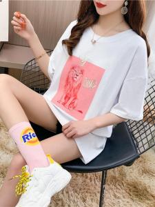 Loose Mid-Length Short-Sleeve T-Shirt Womens Cotton 6535 Large Size Lion Print Lettering Summer New Style Korean Version
