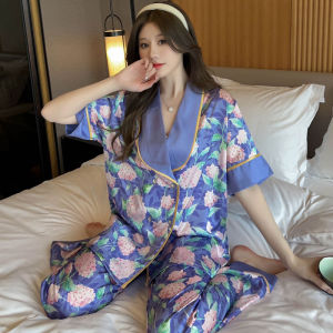 Elegant Ice Silk Sleepwear Womens Summer New Style Short Sleeve Long Pants Two-Piece Set Floral Print Large Collar Home Clothes