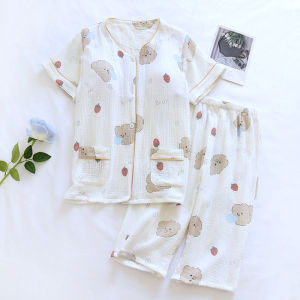 Pure ผ้าฝ้าย มัสลินสองชั้น ชุดนอน ผู้หญิง มีแผ่นรองหน้าอกครึ่งแขนเจ็ดนิ้ว กางเกง Homeผ้าย่นเต็ม ผ้าฝ้าย เปิด คาร์ดิเกน แขนสั้นกลาง กางเกง