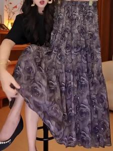 MANMI | Chân Váy Xòe In Hoa Hồng Cổ Điển Dây Đai Cao Co Giãn