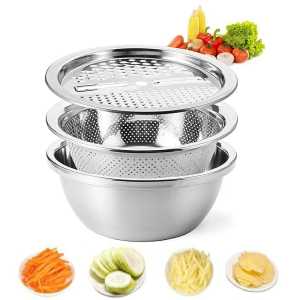 Baskom Set 3in1 Multifungsi Stainless Steel dengan Parutan dan Tirisan Sayur Buah