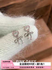 Pink Titanium Steel Heart Shaped Earrings with Full Drill Butterfly Knot Sash Elegant Sweet Style Daily Fashion Jewelry