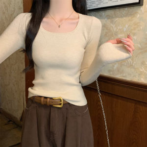 Fall Korean Style Gentle Square Neck Knitwear Andy Fleece Long Sleeve Base Shirt Inner Wear Top Commute Wind Regular Fit