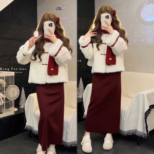 XUECAIQI | Winter Red Chinese Style Outfit Fuzzy Coat Skirt