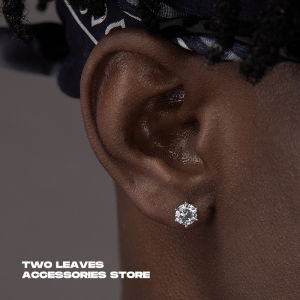 S925 Sterling Silver Two Leaves Diamond Six-Claw Stud Earrings European Hip Hop Zircon Hiphop Men and Women Versitile