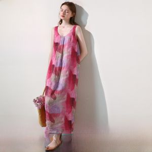 Miccbeirn | Pure Linen Gradient Artistic Print Sleeveless Dress Vest Unique Design Holiday Style Beach Skirt Women Long Skirt