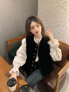 Áo Sơ Mi Trắng Nữ Mùa Xuân Thu Mùa Đông Áo Lót Áo Sơ Mi Dài Tay Cổ Bẻ Tay Dài Họa Tiết Hoa Viền Đen