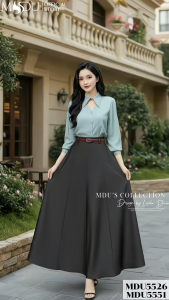 Sét Áo Váy MDU5526 + MDU5551 Áo Sơ Mi Lụa Mềm Mại Phối Chân Váy Mango Ý Xòe Dài Thanh Lịch Từ MDU