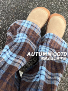 Quần Ống Rộng Lót Lông Cừu Kẻ Caro Phong Cách Retro Thường Ngày Cho Nữ Mùa Thu Đông 2025 Quần Ống Đứng Rộng Rãi