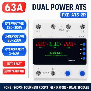 VANEAIMS Automatic Transfer Switch ATS FXB-ATS Dual or Triple Power Source 63A 100A AC110V 220V Over Under Voltage Overcurrent Protector DIN Rail