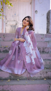 Designer South Style Printed Linen Cotton Saree with Blouse