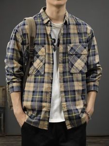 Plaid Long Sleeve Shirt Jacket Mens Casual Retro Workwear Shirt American Style Autumn New Fashion Breathable Polyester Fiber