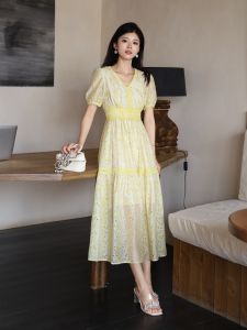 ON&ON | French V-Neck Lace Trim Cutout Embroidered Waist Cincher Dress