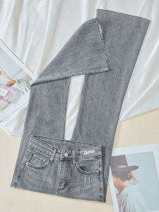 Light Grey High Waist Skinny Jeans Womens Summer Thin Bell Bottoms Distressed Design Nine Points Pants Cotton Stretch Denim