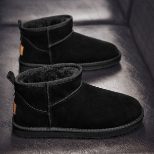 Mens Winter Warm Fleece Lined Thickened High Top Leather Boots Casual round Toe Short Tube Rubber Sole Cotton Shoe