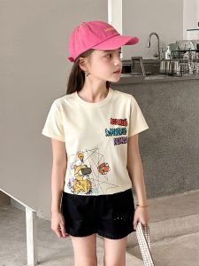 27home Pure Cotton Cartoon Print Short Sleeve T-Shirt Baby Girl Clothes Summer New Arrival Casual Style round Neck Sweatshirt
