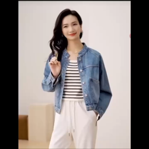 New Retro Washed Denim Short Jacket for Women in Autumn Versatile Stand Up Collar Straight Tube Long Sleeved Short Top for Women
