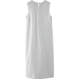 Miccbeirn | Silk Artistic Patterned Sleeveless Long Dress Elegant Summer Vest Dress Lightweight Cotton Silk Vest Gown No Sleeve Round Neck