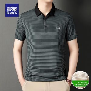 ROMON | Fall New Style Loose Business Collar Casual Stripe Polo Shirt