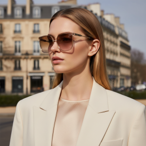 Fashion Oversized Transparent Tea Square Sunglasses Metal Thin Frame & Versatile For Street Style Sun Protection 1023