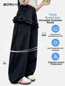 SQTN.KIDS | Black Summer Kids Pants Moisture-Wicking Anti-Mosquito with Ruffle Design