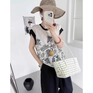 YUEZHONGWEI | Áo thun tay ngắn may thêu kiểu Pháp cho nữ mùa hè ôm vừa vặn Áo thun cotton pha lanh cổ tròn in họa tiết hoa