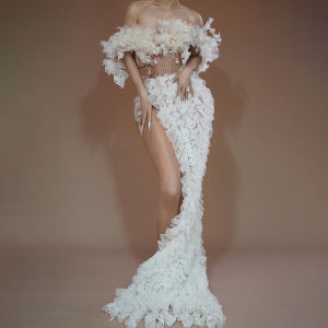 High-End Socialiteชุดยาวตาข่ายInlayเซ็กซี่สูงแยกสีขาวPolyurethaneเส้นใยยืดหยุ่นกลางเอวU-คอชุด