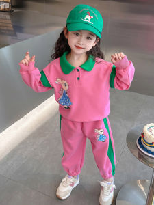 ชุดเสื้อฮู้ดแฟชั่นสำหรับเด็กผู้หญิง ชุดสองชิ้นคอตุ๊กตา ฤดูใบไม้ผลิและฤดูร้อน เสื้อผ้าเด็กผู้หญิง ชุดแฟชั่น เสื้อผ้าเด็ก