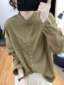 Artistic Vintage Cotton Linen Long Sleeve Shirt Womens Spring Autumn New Loose High End Moms Column Linen Flax Top