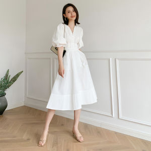 White Bubble Sleeve Dress French Vintage Style Long Super Fairy Tale Waist Cinched Goddess Tea Break Skirt Korean Style V Neck a Line