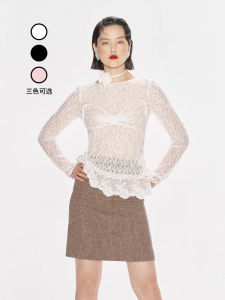 Romantic Lace Beaded Top LE FAME Sweet Style Princess Fit Long Sleeve round Neck Polyester Spandex Casual Chic Autumn Fashion