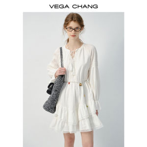 VEGA CHANG | Đầm Mới Thu Dài Tay Cổ V Trắng Pháp