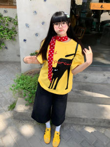 American Yellow Short Sleeve T-Shirt Female Summer Lazy Cat Printing Dopamine Crew Neck T-shirt Loose Half-Sleeve Top