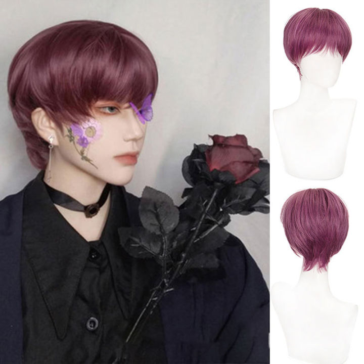 sent Hairnet Japanese Wig Men s Synthetic Wig with Bangs Short Heat Resistant Wig Human Hair Washable Powder Purple Natural Straight Hair Cosplay Kimura Takuya Same Style Middle Score Men Long