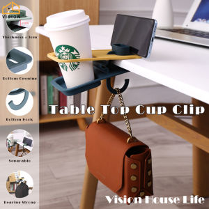 Vision Desktop Cup Holder with Bag Hook Table Side Fixed Water Cup Drink Bottle Can Holder Stand Universal Multi Functional Support Shelf Clip Anti Overturning Storage Shelf with Mobile Phone Holder