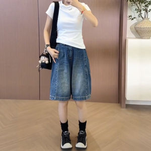 กางเกงขาสั้นยีนส์ทรงตรงเอวสูงสำหรับผู้หญิงไซส์ใหญ่ กางเกงขายาวทรงตรงทรงบางสำหรับฤดูร้อน ทรงหลวม ทรงหลวม ทรงหลวม