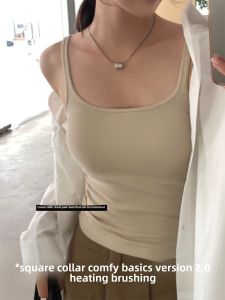 Warm Fleece Vest Womens Self-Heating Built-In Chest Pad No Bra Needed Winter Base Layer Top Solid Color Blend Material