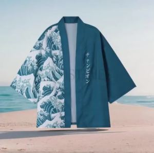 Áo Khoác Cardigan Kimono Màu Xanh Dương Dành Cho Nam Kiểu Dáng Thường Ngày Mùa Hè Thiết Kế Mở Phía Trước In Họa Tiết Sóng Biển Ukiyo-e Nhật Bản Dáng Rộng Đồ Mặc Đi Biển Dành Cho Người Lớn