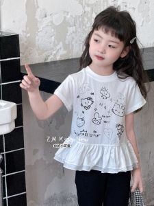 Lightweight Half Sleeve round Neck Ruffle T-Shirt for Girls Summer Cotton Soft Hand Feel Breathable Floral Print Korean Style