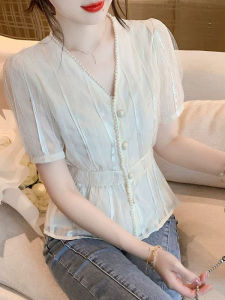 Summer European Style V-neck Slim Fitting Chiffon Blouse