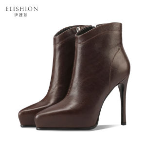 เรียบหรู รองเท้าส้นสูงหัวแหลมส้นหนาแพลตฟอร์มกันน้ําของแท้ หนัง รองเท้าบูทสั้น ฤดูใบไม้ร่วง ฤดูหนาว รองเท้าบูทแฟชั่นสําหรับผู้หญิง