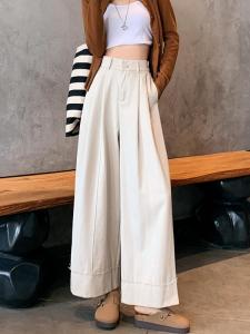 กางเกงขายาวทรงหลวมเอวสูงผ้าฝ้ายซักได้สีพีช กางเกงขายาวทรงตรงทรงหลวมสำหรับผู้หญิง กางเกงขายาวทรงหลวมสำหรับผู้หญิง