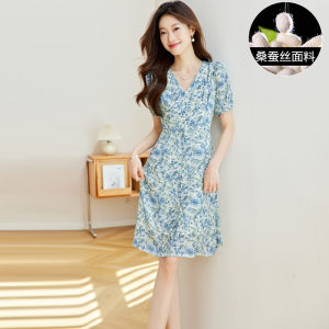 Elegant Short Sleeve Floral Silk Dress Womens Summer New Style High Waist A-Line Skirt Commute Lady Fashion Zipper Splice