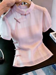 KUNAILIN | Elegant Modern Chinese Pink Short Sleeve Summer Shirt D Frog Fastenings