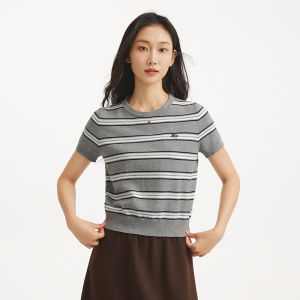 Hotwind Womens Knitted Short Sleeve round Neck Commute Top Striped Slim Fit Soft Cotton Blend Early Autumn New Arrival