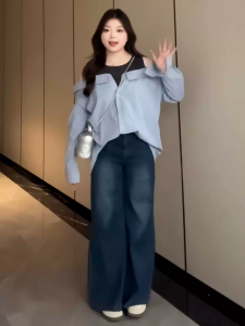 เสื้อเชิ้ตแขนยาวสีน้ำเงินหลวมๆ ทรงหลวมๆ สำหรับผู้หญิงในฤดูใบไม้ร่วงปี 2024 เสื้อเชิ้ตแขนยาวทรงเข้ารูปแบบลำลองสไตล์เกาหลี