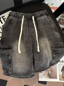 กางเกงยีนส์ทรงหลวมขาตรงเอวยางยืดสำหรับผู้ชาย กางเกงขาสั้นทำงานฤดูร้อนแบบบาง 5 ชิ้น ทรงหลวม กางเกงยีนส์ทรงหลวมสำหรับเด็กและเยาวชน