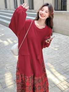 Ankela Red Plaid Splice Dress Women Spring Autumn 2025 New Korean Style Atmosphere Sweatshirt Fish Tail Skirt Dress