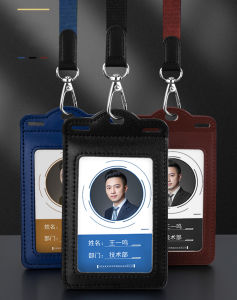 Badge Holder Trifold with Lanyard Leather Card Holders and Clear ID Window for Office Staffs Student Teacher Couriers Formal Classic Black